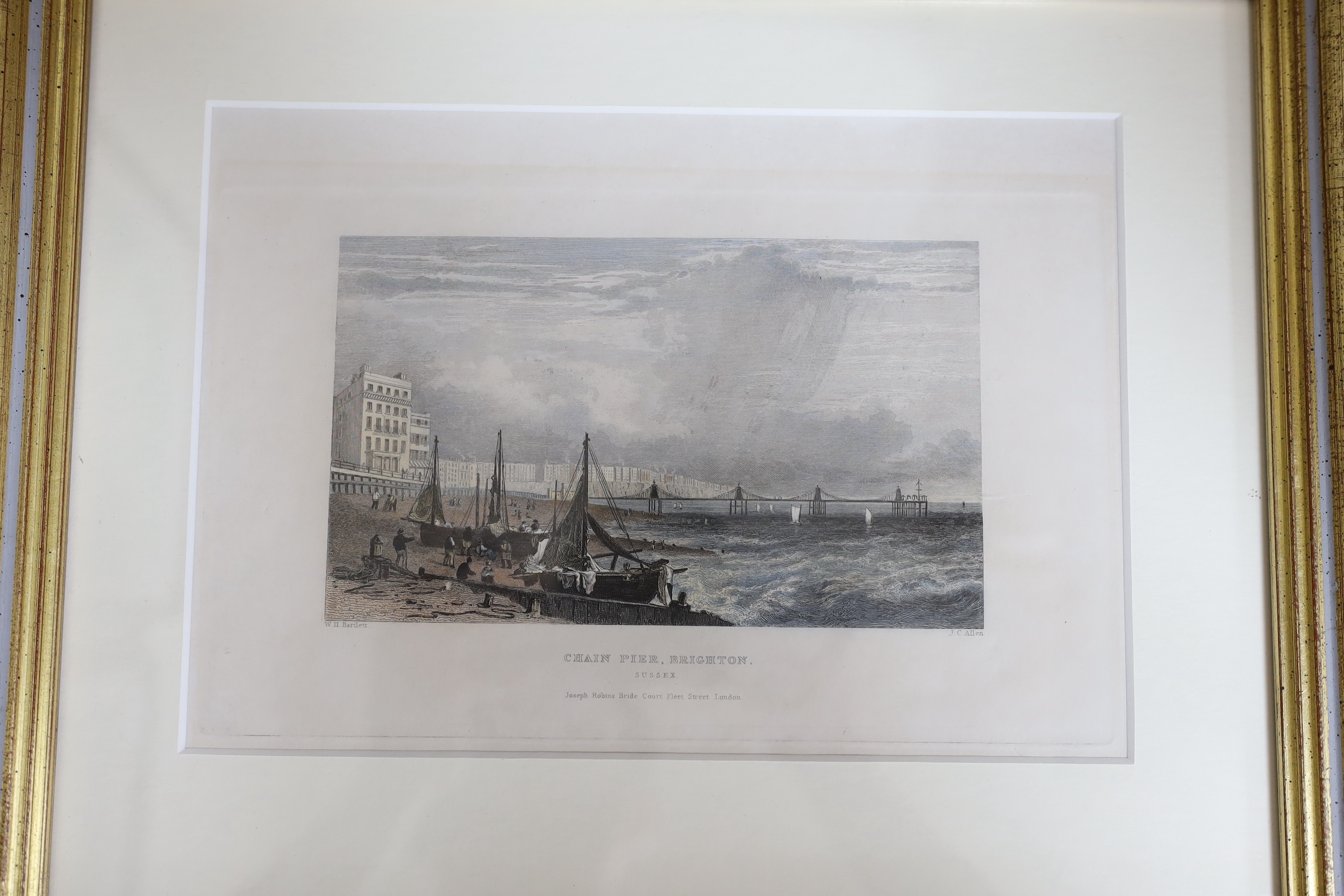 Four 19th century engravings and prints of Brighton Piers, some hand coloured including, ‘Chain Pier at the instant the platform separated on the memorable 29th November 1836’ and ‘New pier & parade’, publ. Newman, toget